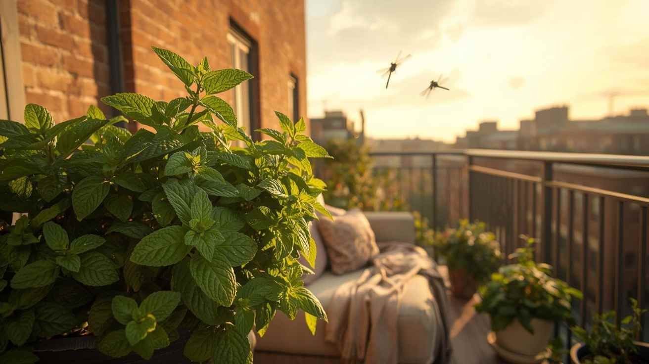 A cozy urban balcony with a large potted mint plant in the foreground, lush green leaves with textured veins. In the background, there is a comfortable seating area with a cushioned sofa, pillows, and a blanket draped over the armrest. The balcony railing
