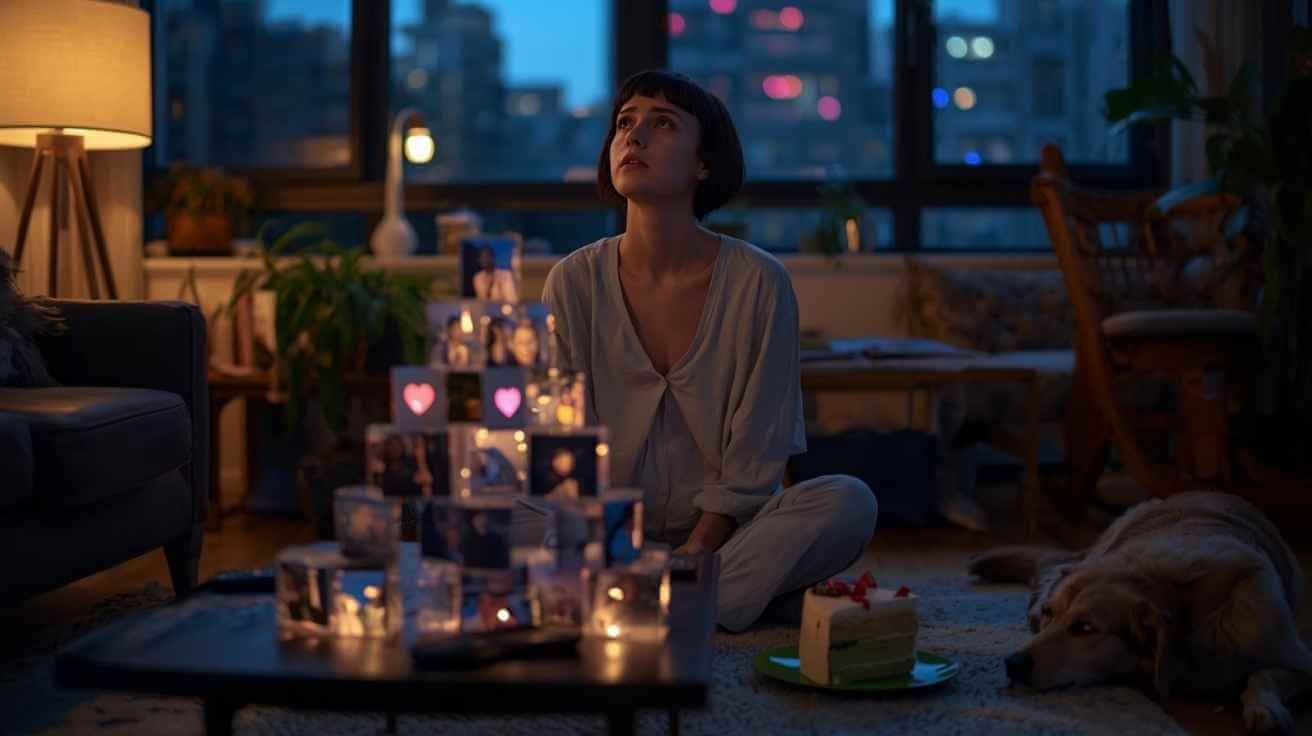 A young woman with short, dark hair sits on the floor of a cozy, dimly lit apartment living room during dusk or evening. She appears contemplative or worried, gazing slightly upward and to her rig